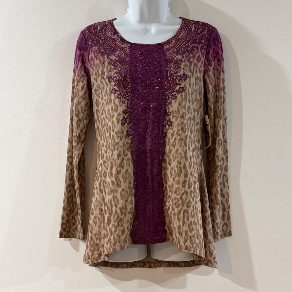 Leopard Ombre Paisley Crochet Tunic Top New Boho Whimsy Lightwight Arty Hippie
